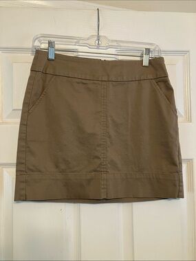 Trina Turk Los Angeles cotton linen taupe tan mini skirt summer slant pockets 2